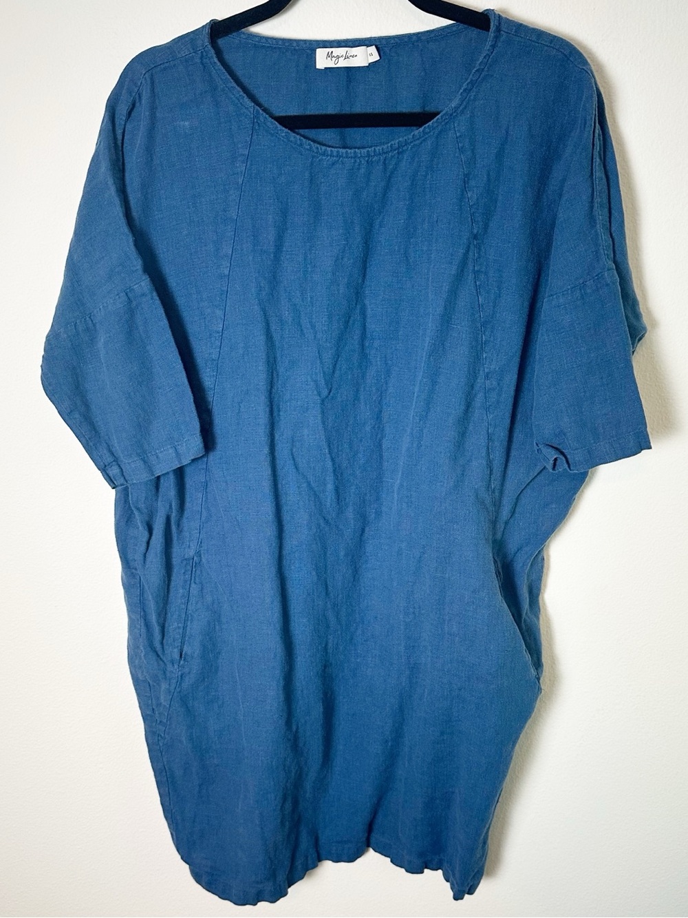 Magic Linen 100% Linen Aruba Relaxed Tunic Mini Dress Pockets Blue Extra Small